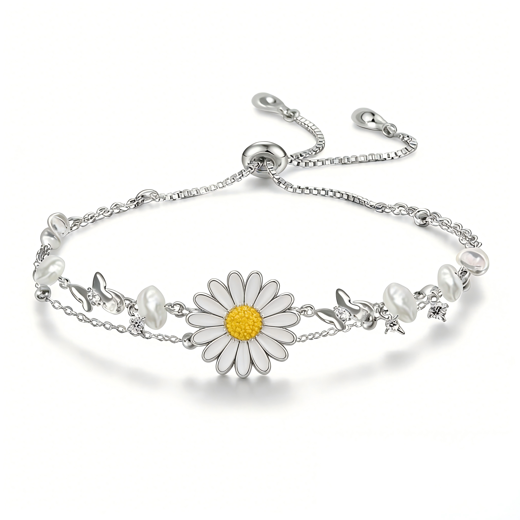 Daisy Pearl Layered Adjustable Bracelet